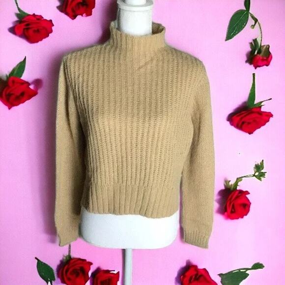 Project Naadam Womens Size XS Camel Open Knit Turtleneck Sweater Short Poncho - Picture 1 of 12